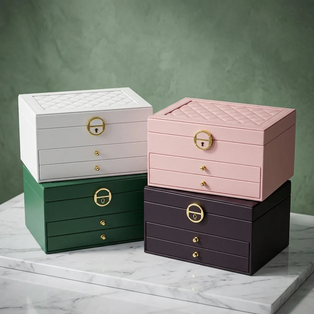 Four stacked jewelry boxes in white, green, pink, and dark purple, each with three drawers and a quilted lid, accented with gold-tone hardware, displayed on a white marble surface against a textured green wall.