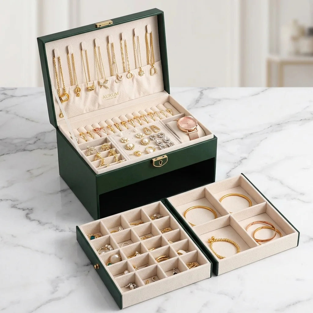 A dark green jewelry organizer box shown open on a white marble surface, with multiple compartments holding gold-toned jewelry and accessories. A smaller matching organizer tray sits in front, and another open section of the main box is visible behind it.