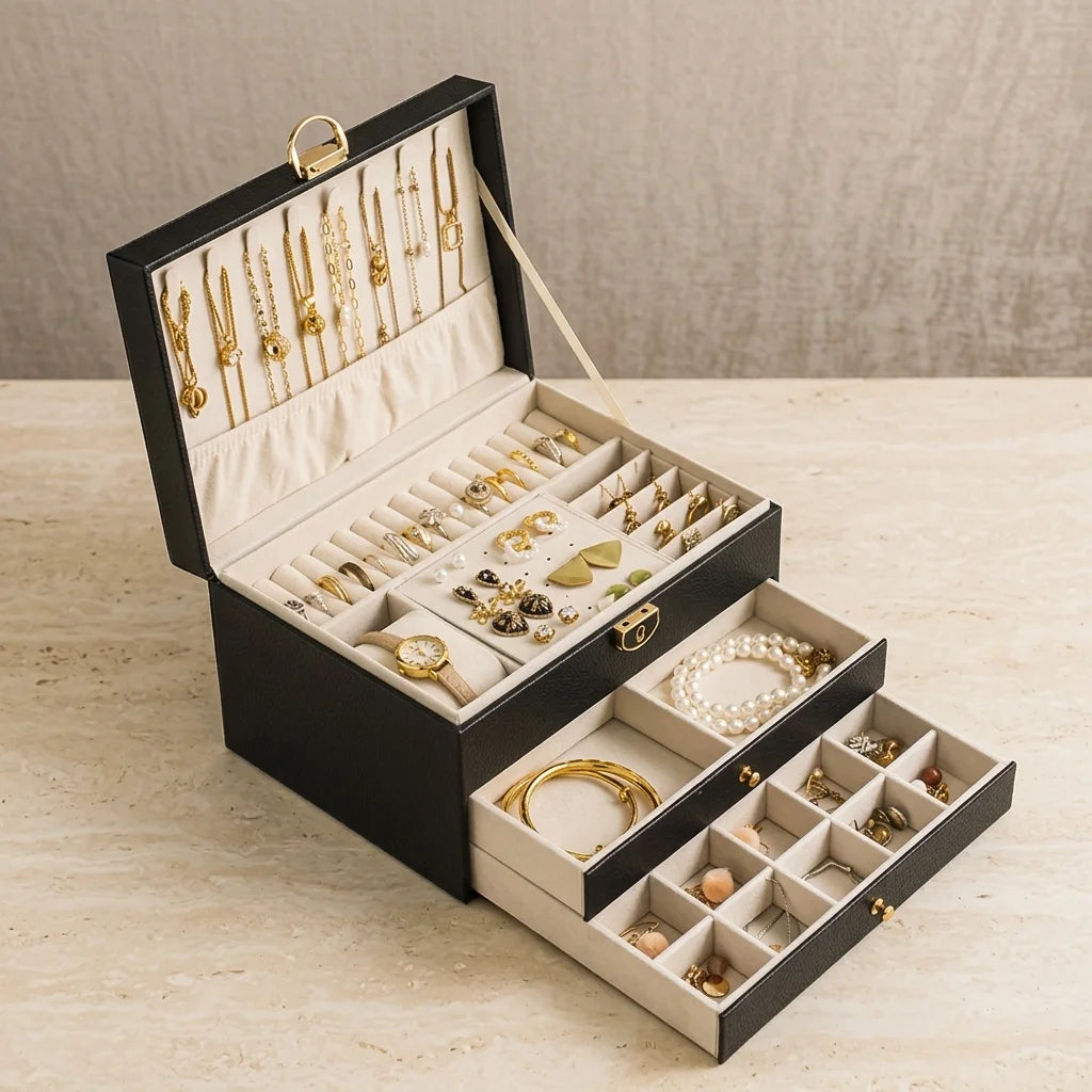 An open black jewelry organizer box with cream interior compartments, shown on a light stone surface against a neutral beige wall. The box contains multiple layers of jewelry, including necklaces, bracelets, rings, earrings, and a watch, with one drawer pulled open to reveal more storage.