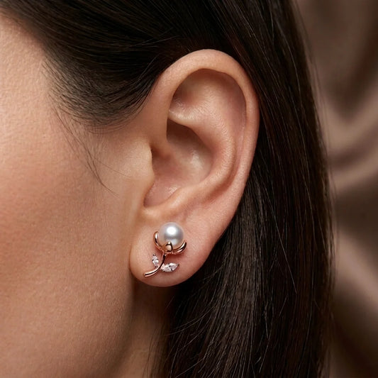 Elegant Pearl Zircon 1 Karat Earrings with shimmering stones set in a refined gold‑plated design, perfect for luxury fashion and formal wear.