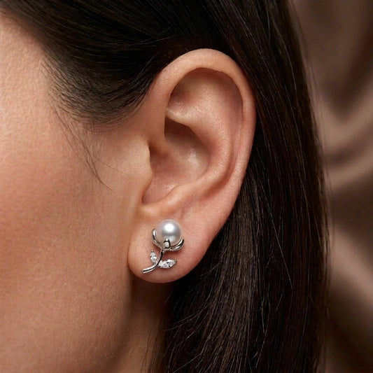 Elegant Pearl Zircon 1 Karat Earrings in silver finish, featuring shimmering stones set in a refined design, perfect for luxury fashion and formal wear new style