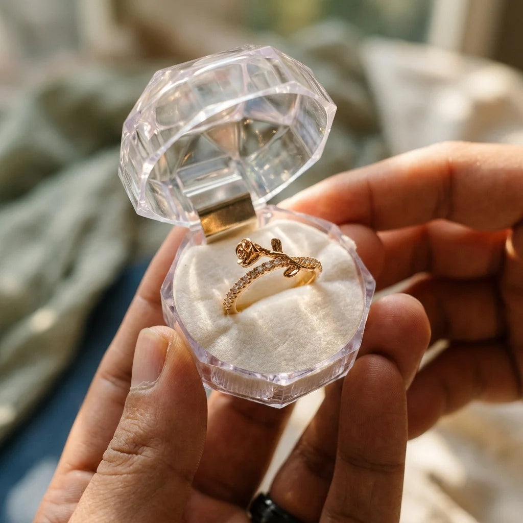 Gold Luminous Rosa ring in the free clear gift ring case, held open in hand