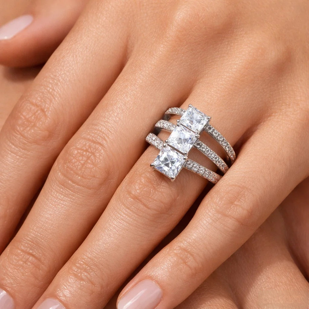 Silver ring with multiple diamonds on a hand